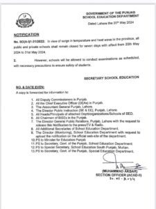Revised Summer Vacation in Punjab 2024